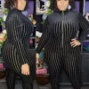 Plus Size Women'S Mesh Flocked Stripe Tight Fitting Zip Long Sleeve Jumpsuit -Plus Size Dresses Shop 6504bcf03a330469