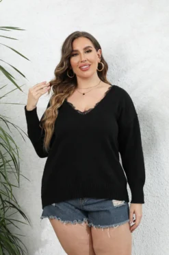 Ladies Fall Winter Woven Top Plus Size Ladies'Lace Patchwork V Neck Pullover Sweater -Plus Size Dresses Shop 6523595bf70e5800