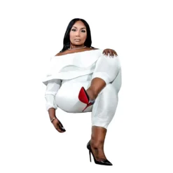 Women's Plus Size Loose Ruffle Off Shoulder Ribbed Jumpsuit -Plus Size Dresses Shop 655008957a036054