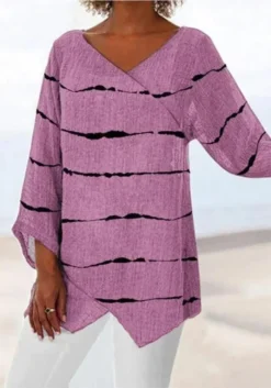 Autumn And Spring Women's Fashion Casual Stripe Printed V-neck Long Sleeve T-Shirt