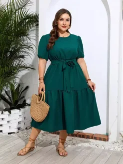 Summer Solid Color Short Sleeve Casual Women's Plus Size Dress -Plus Size Dresses Shop 65aa2b24ea9fd15f