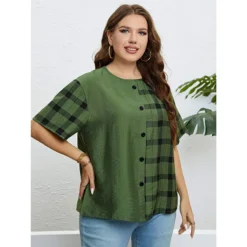 Summer Green Round Neck Plaid Casual Top -Plus Size Dresses Shop 65cf45537e36b5fb