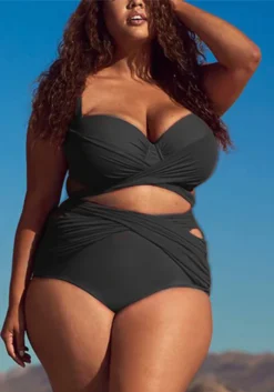 Plus Size Women Solid Mesh Two Pieces Swimwear