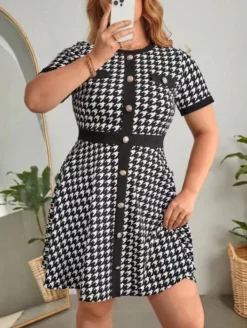 Plus Size Women Houndstooth Print Button Short Sleeve Round Neck Dress 13 Plus Size Women Houndstooth Print Button Short Sleeve Round Neck Dress -Plus Size Dresses Shop 6605eba1fcd3b1f6