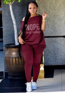 Women Summer Burgunry Casual Slash Neck Short Sleeves Letter Print Button Top Plus Size Two Piece Pants Set -Plus Size Dresses Shop 66609d26e6b9c56b