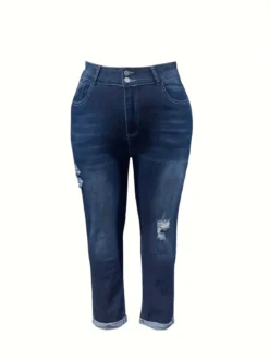 Plus Size Women Summer Ripped Stretch Denim Cropped Pants -Plus Size Dresses Shop 666278b4bd1156d2