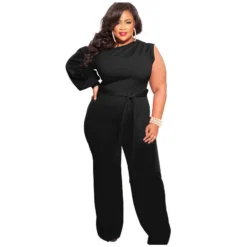 Fall Plus Size Women'S Slash Shoulder Single Sleeve Wide Leg Jumpsuit With Belt -Plus Size Dresses Shop 66a7ce6c9856dcc8