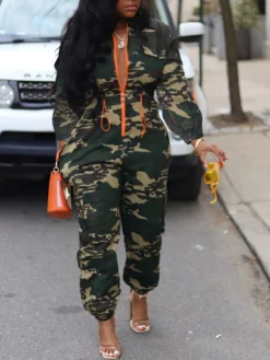 Stylish Slim Waist Camo Zip Jumpsuit