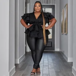 Plus Size Women's Casual Versatile V-Neck Ruffle Sleeve Pleated Shirt -Plus Size Dresses Shop 67a9f62525355da9