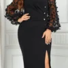 Women V-neck Puff Long-sleeved Loose Slit Dress