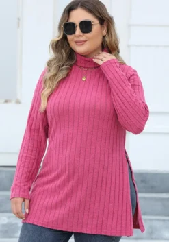 Women's Tops Plus Size Women's Turtleneck Slim Fit Basic Shirt Ribbed Slit Midi T-Shirt -Plus Size Dresses Shop 685b55db24d968a8