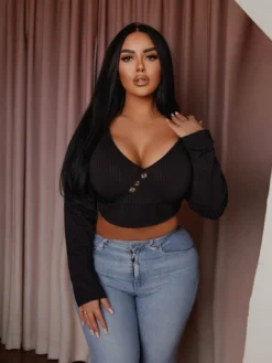 Plus Size Women Black Basic Stretch Long Sleeve T-Shirt -Plus Size Dresses Shop 68a7e23ac2dfbfba