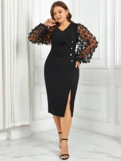 Women V-neck Puff Long-sleeved Loose Slit Dress 17 Women V-neck Puff Long-sleeved Loose Slit Dress -Plus Size Dresses Shop 6a76e056c994fca9