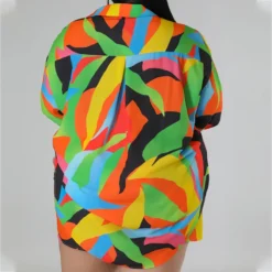 Spring Print Turndown Collar Plus Size Shirt Shorts Casual Ladies Two Piece Set