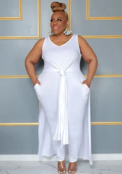 Plus Size Women Casual V Neck Slit Pocket Sleeveless Top And Solid Skirt Two-Piece Set -Plus Size Dresses Shop 6af3816f6e54e040