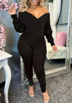 Plus Size Women V Neck Ribbed Sexy Solid Jumpsuit -Plus Size Dresses Shop 6b008ed056c1350a