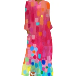 Women's Spring And Autumn Printed Fashion Chic V-Neck Loose Long-Sleeved Dress