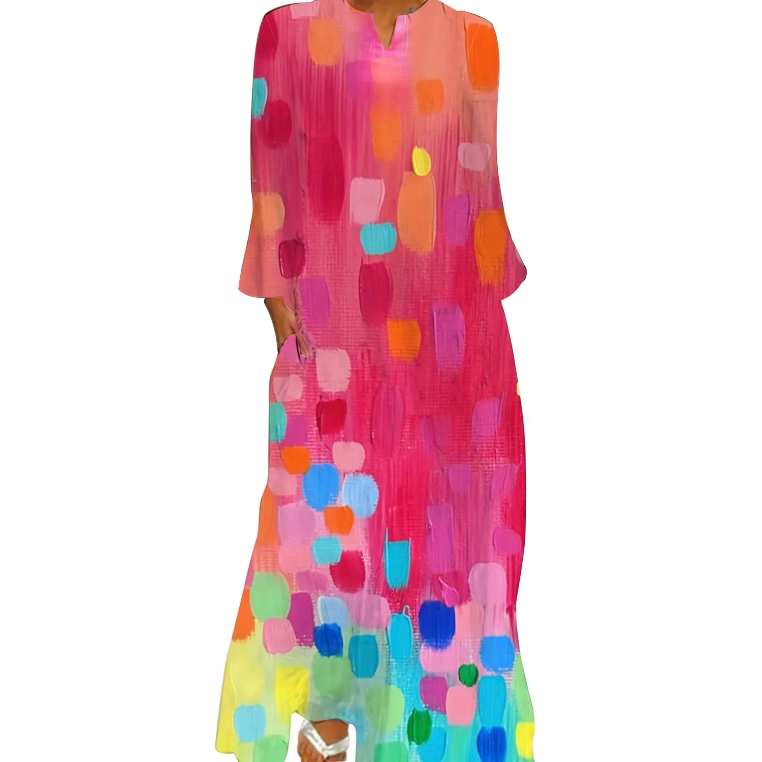 Women's Spring And Autumn Printed Fashion Chic V-Neck Loose Long-Sleeved Dress 3 Women's Spring And Autumn Printed Fashion Chic V-Neck Loose Long-Sleeved Dress