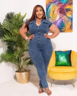 Fall Plus Size Front Zipped Denim Bodycon Jumpsuit -Plus Size Dresses Shop 6b1c3d4de54a2f18
