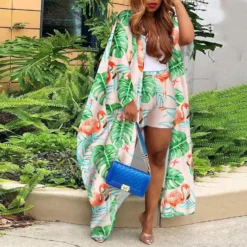 Ladies Plus Size Print Long Robe And Shorts Two-Piece Set -Plus Size Dresses Shop 6b92948301091afe