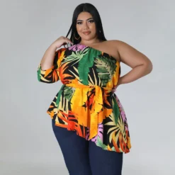 Summer Printed Plus Size Ladies One Shoulder Long Sleeve Lace Up Top -Plus Size Dresses Shop 6be2dbc4ce115db8