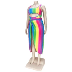 Fashion Plus Size Women's Sexy Rainbow Stripe Cutout One Piece Swimsuit Dress Two-Piece Set -Plus Size Dresses Shop 6c8cb8fc610d514b