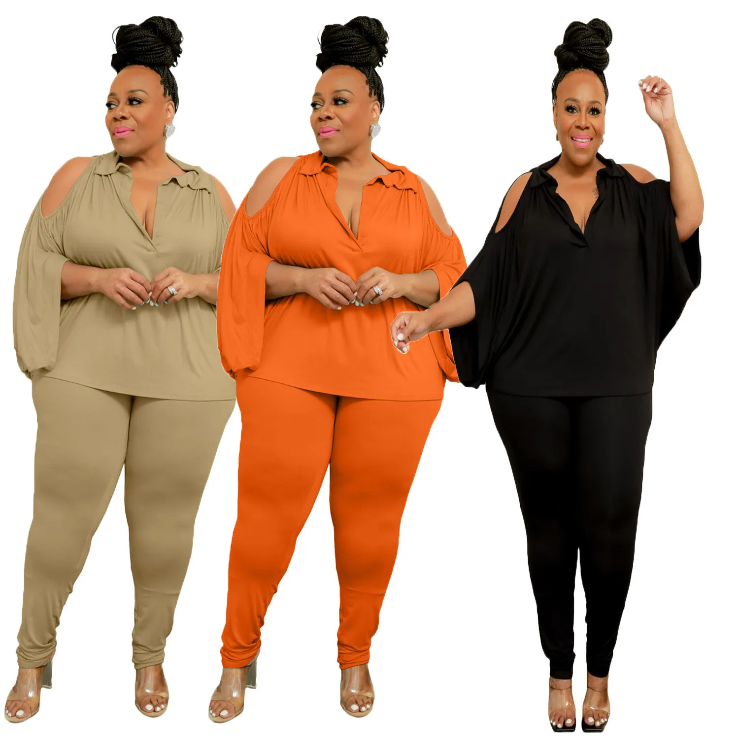 Fashion Women'S Solid Color Cutout Batwing Sleeve Casual Two Piece Plus Size Women'S Pants Set 11 Fashion Women'S Solid Color Cutout Batwing Sleeve Casual Two Piece Plus Size Women'S Pants Set - Image 9