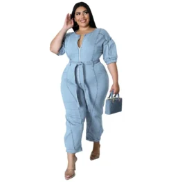 Plus Size Women Summer Short Sleeve Zipper Fashion Washed Denim Jumpsuit -Plus Size Dresses Shop 6d00278abcc998dc