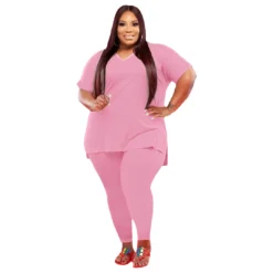 Plus Size Solid Color V-neck Short Sleeve Two Piece Pants Set -Plus Size Dresses Shop 6d2cf9c5f7825ff7