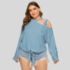 Plus Size Women's Clothing Fat Size Mm Summer Shoulder Strap Decoration Solid Color Top Bow Knot Long Sleeve Slash Shoulder T-Shirt -Plus Size Dresses Shop 6dd3660135f115a9