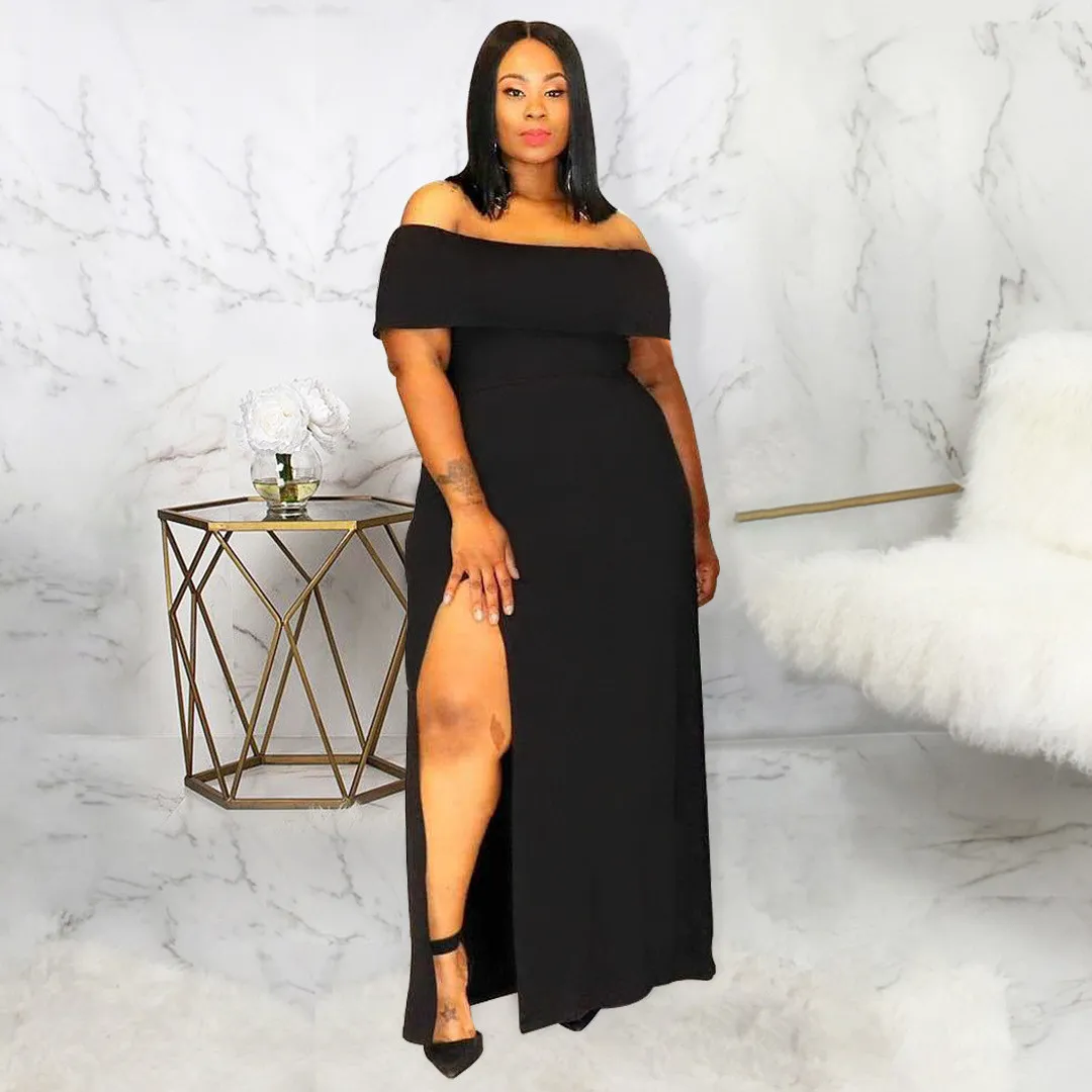 Plus Size Summer Black Dress Chic Premium Off Shoulder Sexy Slit Dress 10 Plus Size Summer Black Dress Chic Premium Off Shoulder Sexy Slit Dress - Image 8
