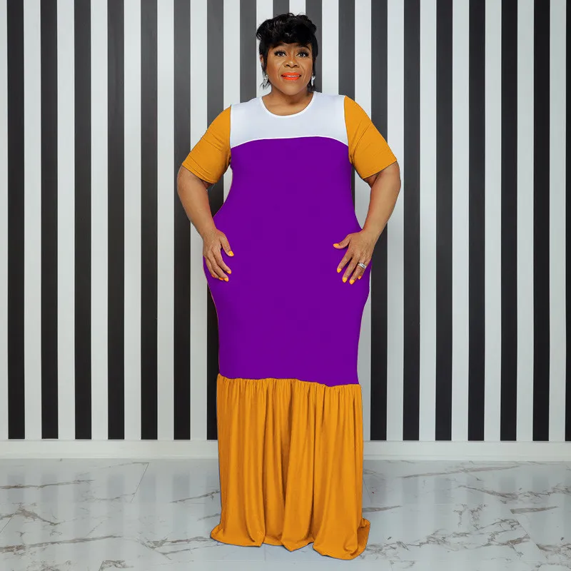 Plus Size Women's Round Neck Short Sleeve Multicolor Patchwork Swing Maxi Dress 15 Plus Size Women's Round Neck Short Sleeve Multicolor Patchwork Swing Maxi Dress - Image 13