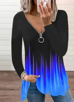 Autumn And Spring Women's Casual Fashion V-neck Zipper Print Long-sleeved Top -Plus Size Dresses Shop 6ef1867a7f430148