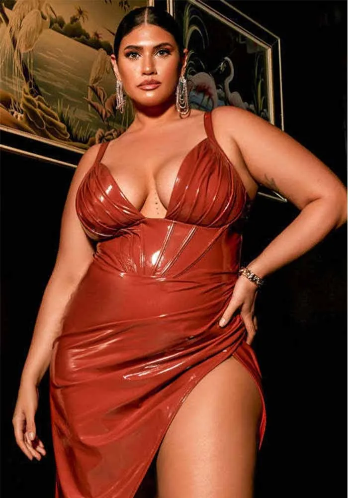 Strap Brown Pu Leather Plus Size Irregular Bodycon Dress 10 Strap Brown Pu Leather Plus Size Irregular Bodycon Dress - Image 8