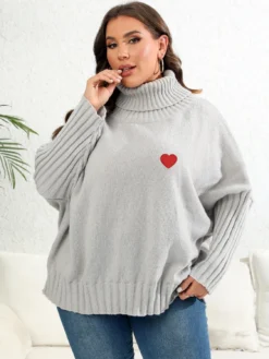 Heart Print Sticker Plus Size Women's Solid Turtleneck Woven Sweater Oversized Pullover Women's Top -Plus Size Dresses Shop 6f1c0bc213939243