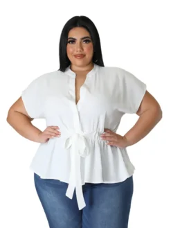 Plus Size Women Solid Belt Short Sleeve Shirt -Plus Size Dresses Shop 7055fdd64b8e5077