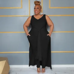 Plus Size Women Casual V Neck Slit Pocket Sleeveless Top And Solid Skirt Two-Piece Set -Plus Size Dresses Shop 7087f884e11f4f45