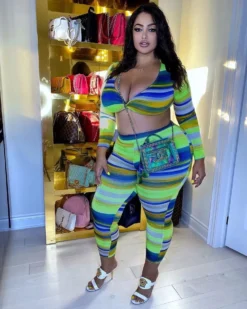 Plus Size Women Sexy Printed Striped Long Sleeve Top And Pants Two-piece Set -Plus Size Dresses Shop 70cb1884de365539