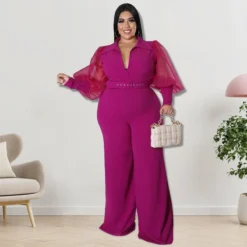 Plus Size Women Lapel Mesh Long Sleeve Jumpsuit With Belt -Plus Size Dresses Shop 7120cd74eb95c883