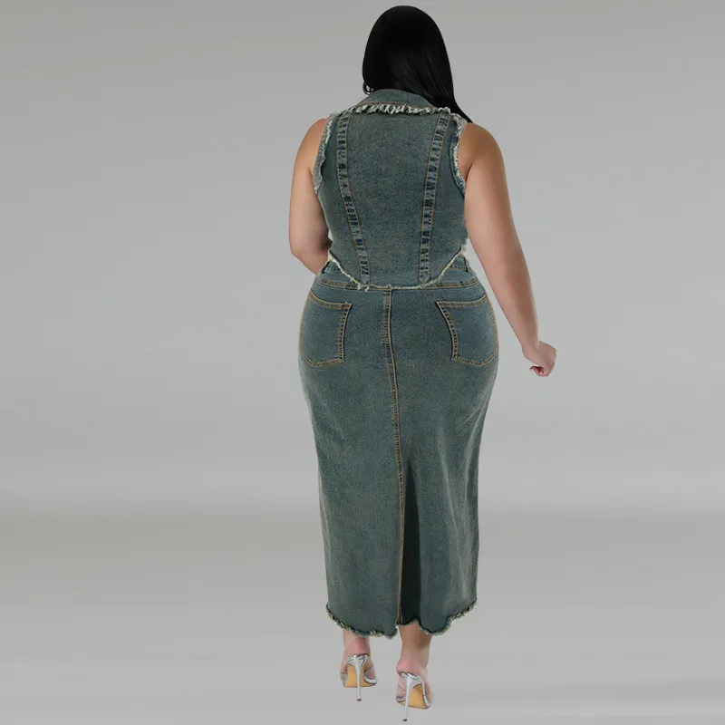 Plus Size Women's Denim Sleeveelss Zipper Top Slit Long Skirt Two Piece Set 3 Plus Size Women's Denim Sleeveelss Zipper Top Slit Long Skirt Two Piece Set