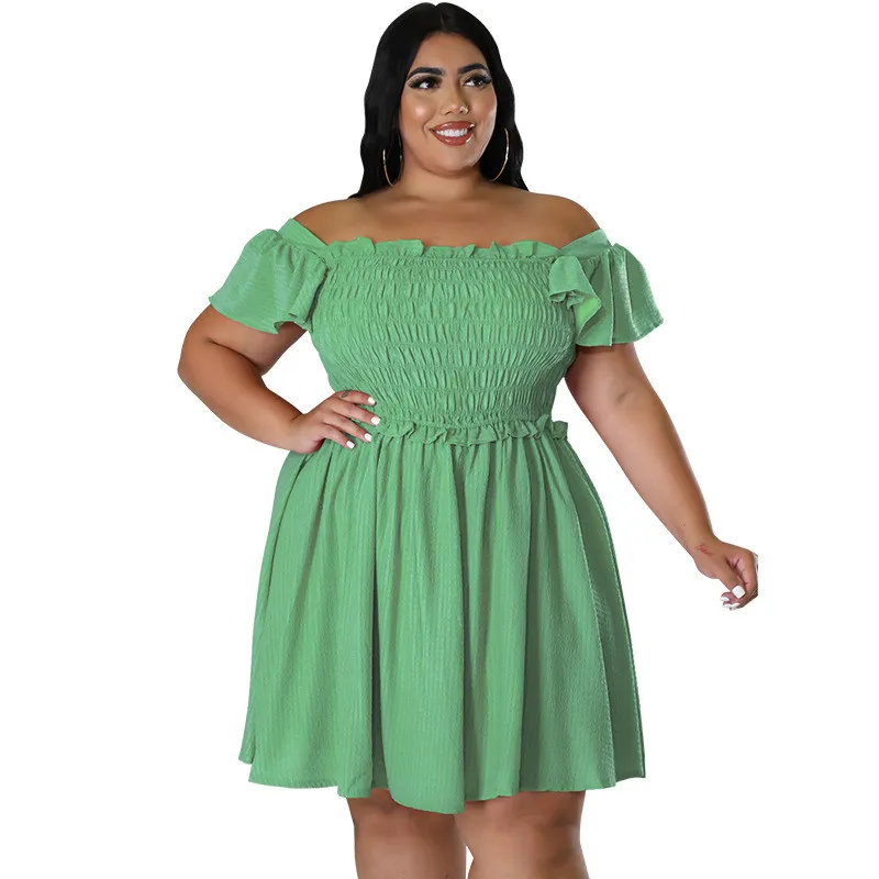 Plus Size Summer Women's Off Shoulder Short Sleeve Casual Swing Dress 12 Plus Size Summer Women's Off Shoulder Short Sleeve Casual Swing Dress - Image 10