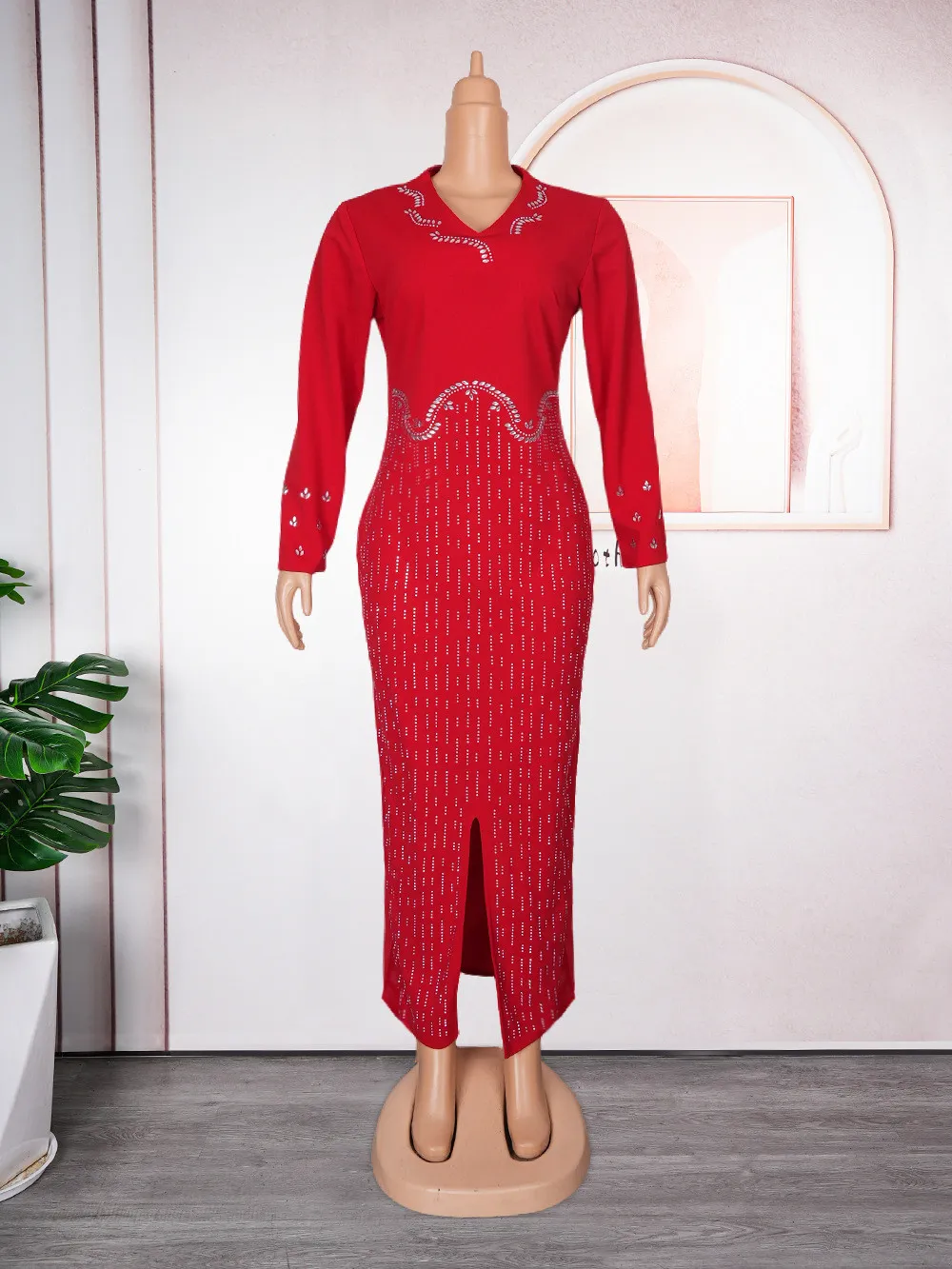 Africa Plus Size Women's Beaded V-Neck Bodycon Chic Elegant Dress 11 Africa Plus Size Women's Beaded V-Neck Bodycon Chic Elegant Dress - Image 9