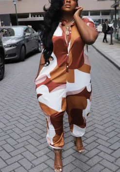 Summer Plus Size Turndown Collar Loose One-Piece Irregular Print Sexy Jumpsuit -Plus Size Dresses Shop 723b6a49fffcf409