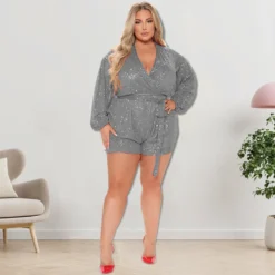 Plus Size Women's Sequins Long Sleeve V Neck Rompers -Plus Size Dresses Shop 72e51669ab691e3e