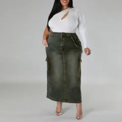 Plus Size Women Denim Strap Slit Skirt -Plus Size Dresses Shop 73575fc87935895b