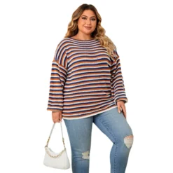 Plus Size Women Striped Loose Round Neck Top -Plus Size Dresses Shop 735bc6c854e5355f