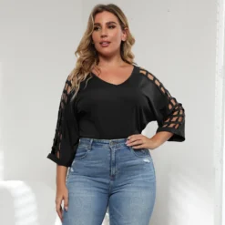 Fall Plus Size Women's Cutout V-Neck Bat Sleeves T-Shirt Top -Plus Size Dresses Shop 73785e0f274135a6