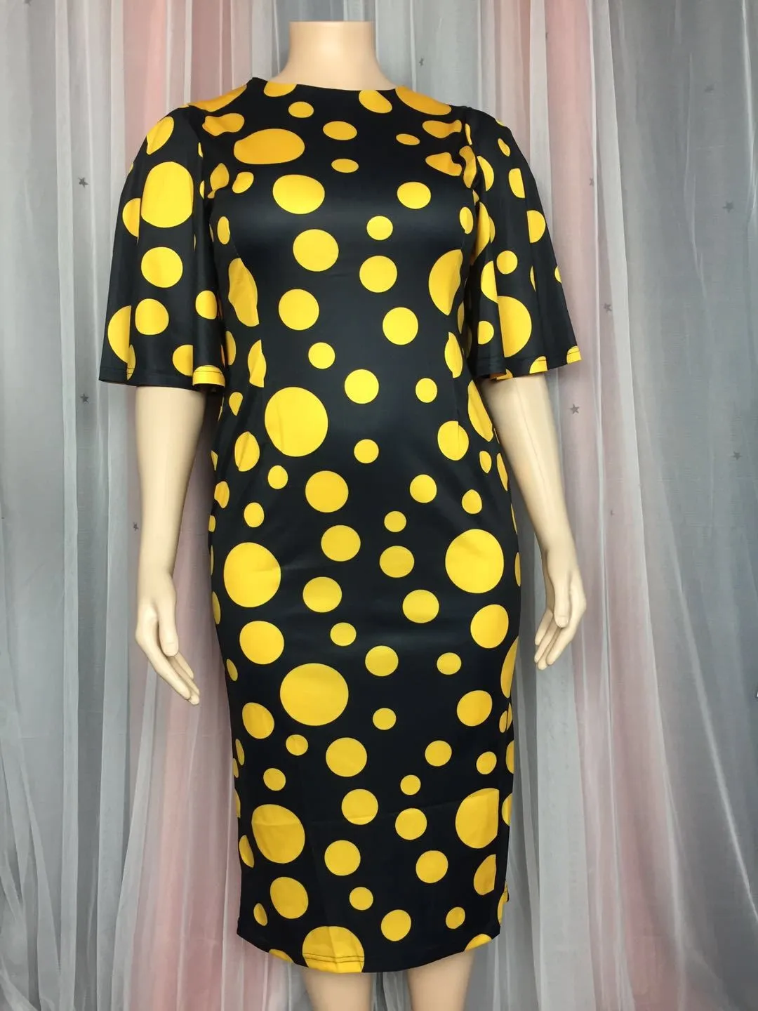 Spring Summer Wide Sleeve Polka Dot Print Plus Size Bodycon Dress Women Clothes 8 Spring Summer Wide Sleeve Polka Dot Print Plus Size Bodycon Dress Women Clothes - Image 6