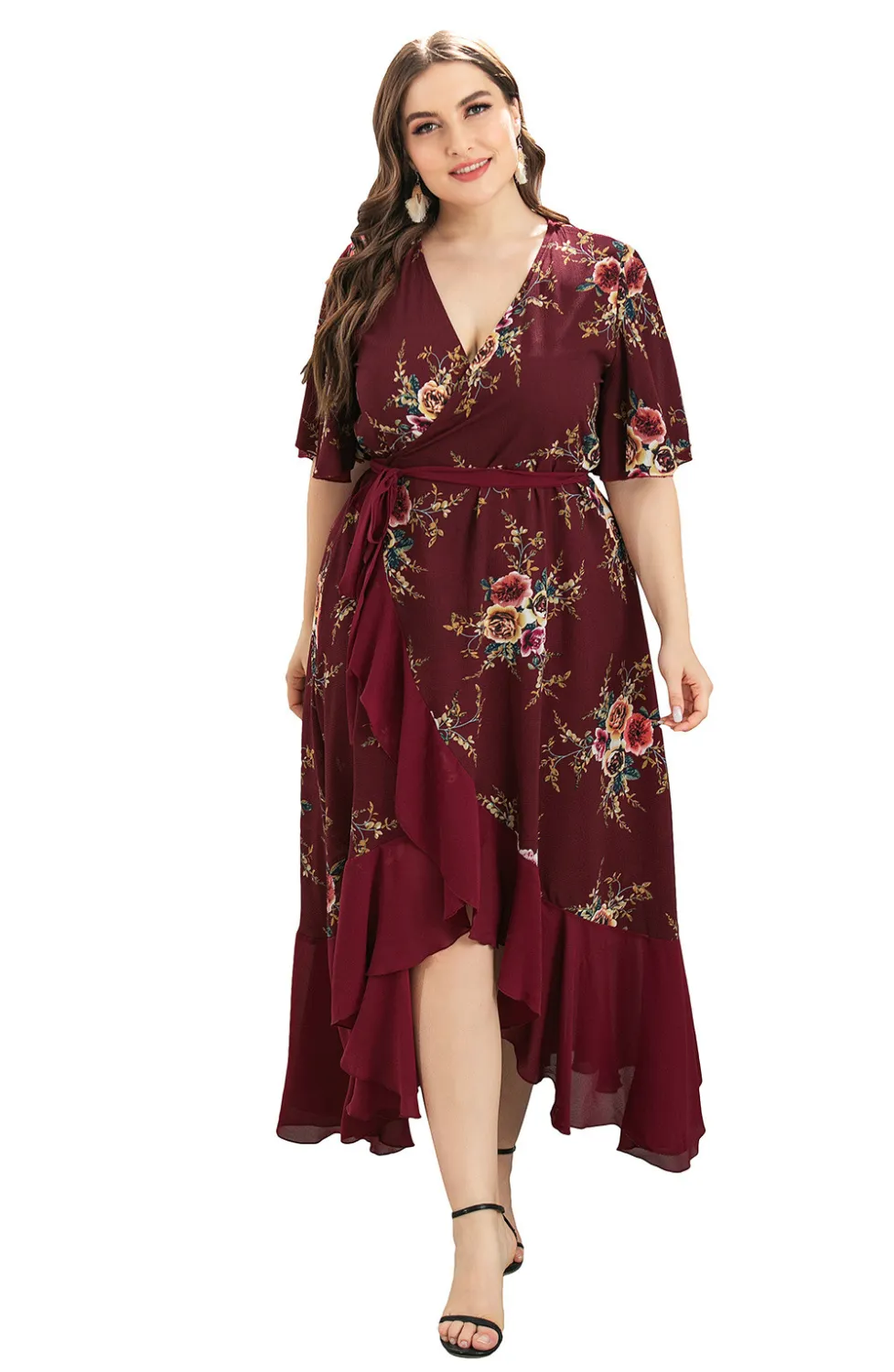 Plus Size Women's Summer V-neck Ruffled Irregular Print Dress 5 Plus Size Women's Summer V-neck Ruffled Irregular Print Dress - Image 3