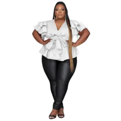 Plus Size Women's Casual Versatile V-Neck Ruffle Sleeve Pleated Shirt -Plus Size Dresses Shop 749927a9d3e98036